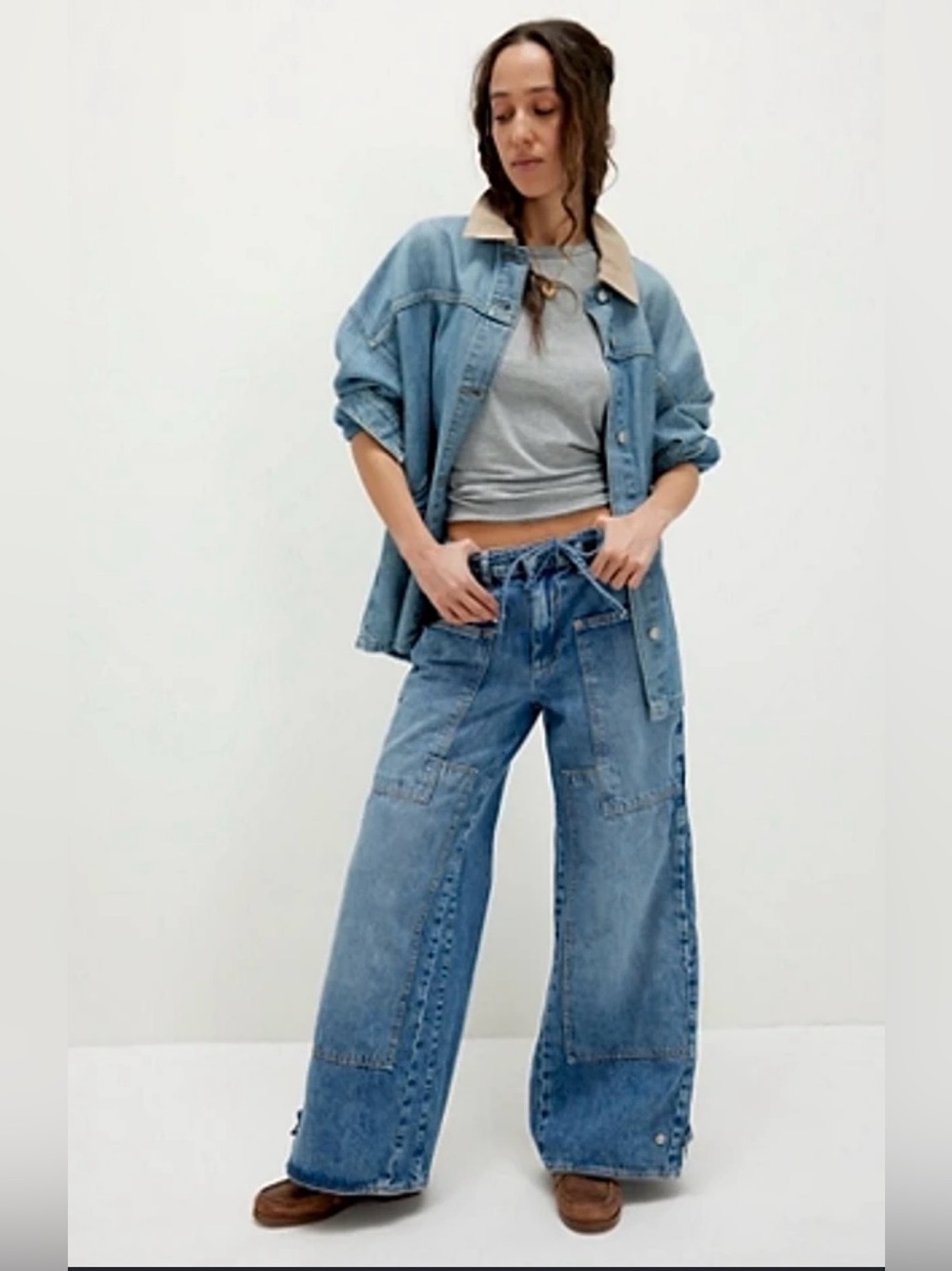 We The Free Free People CRVY Denim Wide Leg Jeans Size S Blue Cargo Utility
